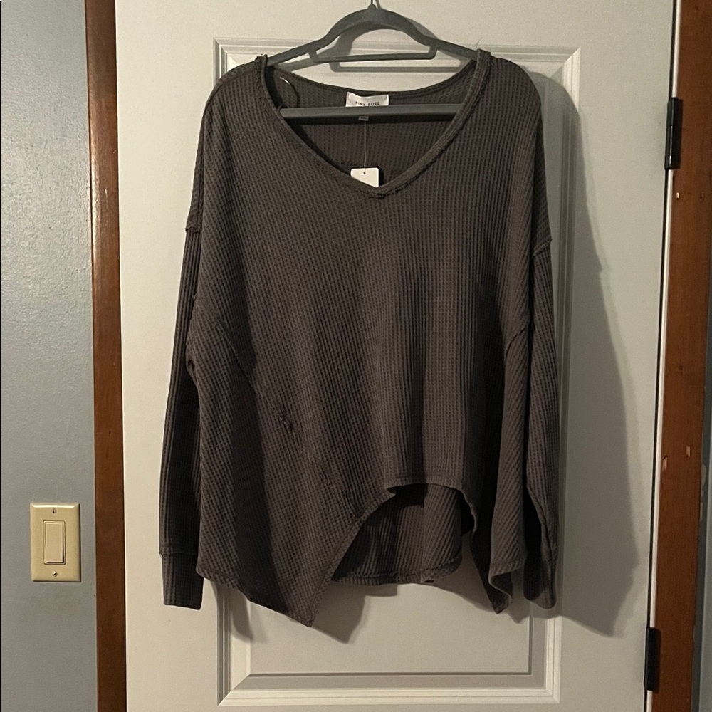Pink Rose V-Neck Sweater - Dark Gray
